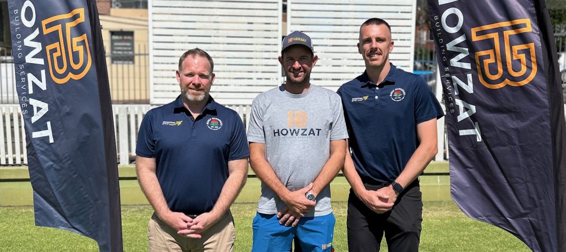 Howzat Building owner Andrew Watkins with MWDCC Partnership Director Joel Mason and men's 1st Grade paceman Ryan Hadley.