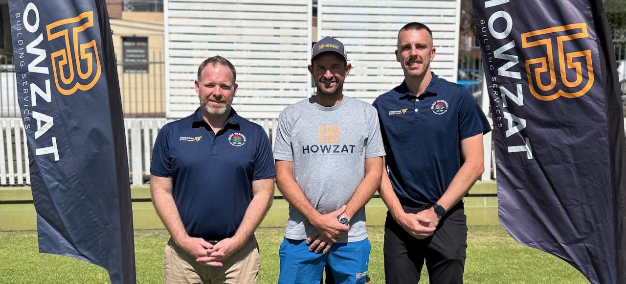 Howzat Building owner Andrew Watkins with MWDCC Partnership Director Joel Mason and men's 1st Grade paceman Ryan Hadley.