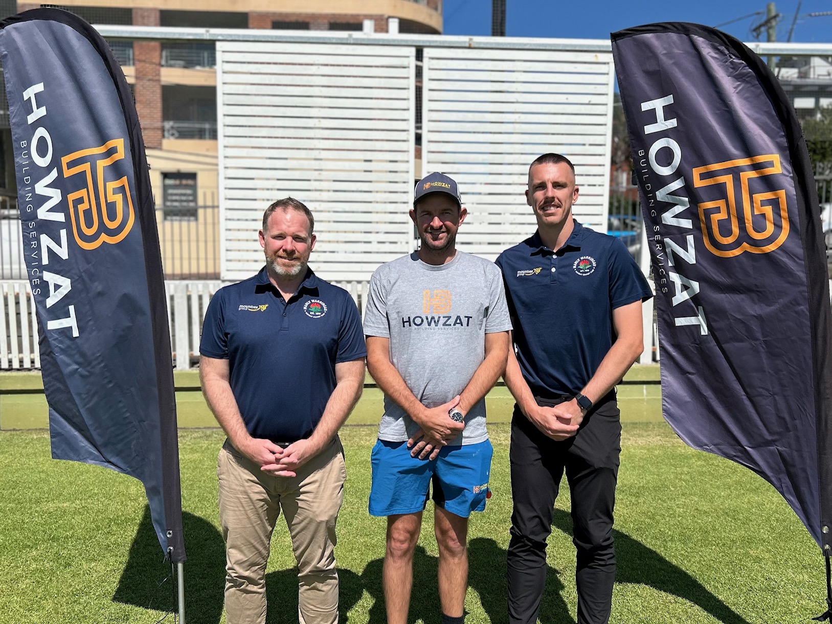Howzat Building owner Andrew Watkins with MWDCC Partnership Director Joel Mason and men's 1st Grade paceman Ryan Hadley.